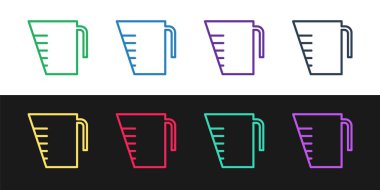 Set line Measuring cup to measure dry and liquid food icon isolated on black and white background. Plastic graduated beaker with handle.  Vector Illustration