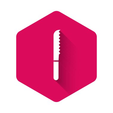 Uzun gölgeli beyaz ekmek bıçağı ikonu. Çatal bıçak sembolü. Pembe altıgen düğmesi. Vektör İllüstrasyonu