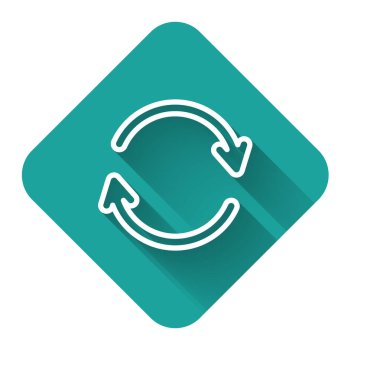 Beyaz çizgi Refresh simgesi uzun gölgeli izole edildi. Sembolü yeniden yükle. Döndürme okları daire işareti şeklinde. Yeşil kare düğmesi. Vektör İllüstrasyonu