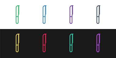 Ekmek bıçağı simgesini siyah beyaz arkaplanda izole et. Çatal bıçak sembolü. Vektör İllüstrasyonu