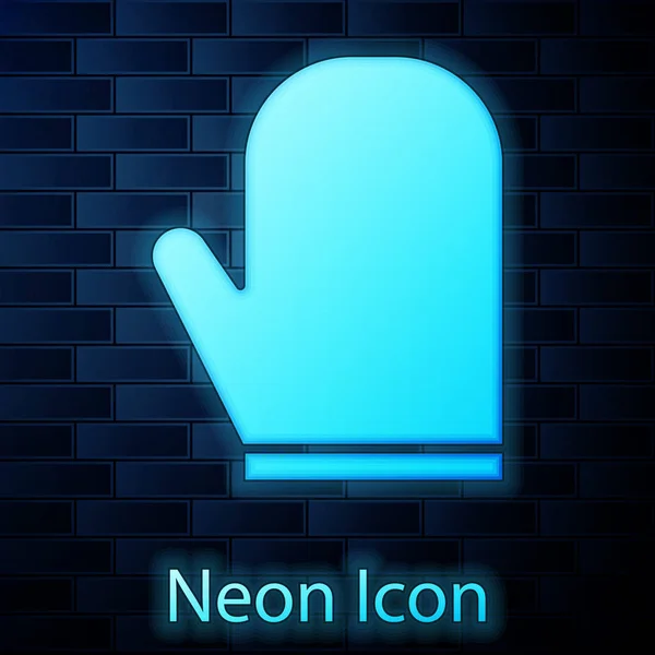 Glödande Neon Ugn Handske Ikon Isolerad Tegel Vägg Bakgrund Köksgrytlapp — Stock vektor