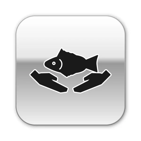 Ícone Cuidados Peixe Preto Isolado Fundo Branco Botão Quadrado Prata — Vetor de Stock