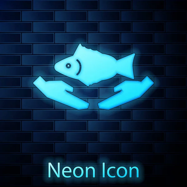 Ícone Cuidados Peixe Brilhante Neon Isolado Fundo Parede Tijolo Ilustração — Vetor de Stock