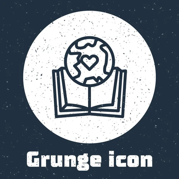 Grunge Linie Erdkugel Und Buch Ikone Isoliert Auf Grauem Hintergrund — Stockvektor