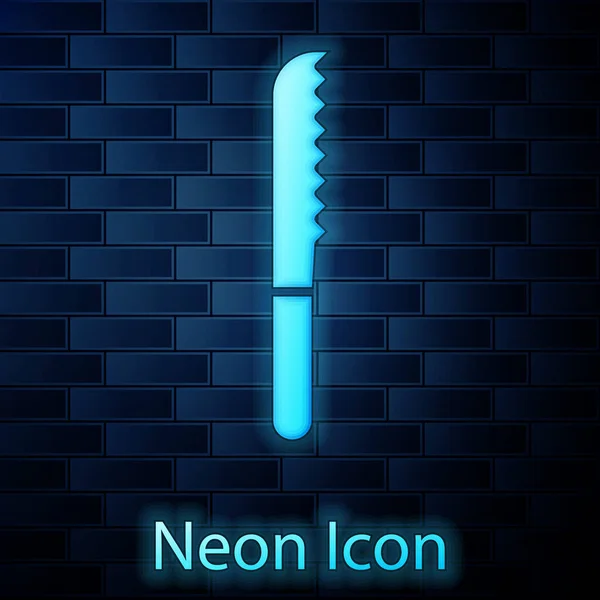 Gloeiend Neon Broodmes Icoon Geïsoleerd Bakstenen Muurachtergrond Bestek Symbool Vector — Stockvector