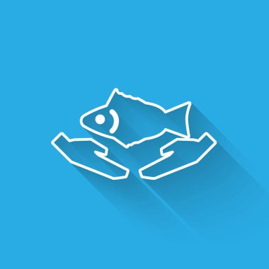 Beyaz çizgi Balık bakım ikonu uzun gölgeli izole edilmiş. Vektör İllüstrasyonu