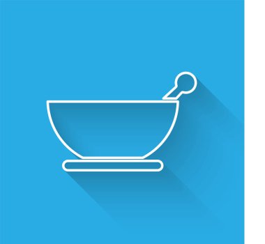 Beyaz çizgi havan ve tokmak ikonu uzun gölgeli izole edilmiş. Vektör İllüstrasyonu