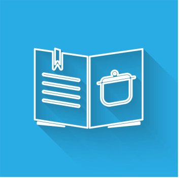 Beyaz çizgi yemek kitabı simgesi uzun gölgeli izole edilmiş. Yemek kitabı ikonu. Yemek tarifi kitabı. Çatal ve bıçak ikonları. Çatal bıçak sembolü. Vektör İllüstrasyonu