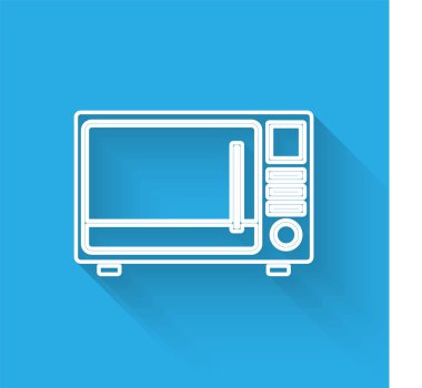 Beyaz çizgi mikrodalga fırın ikonu uzun gölgeli izole edilmiş. Ev aletleri simgesi. Vektör İllüstrasyonu