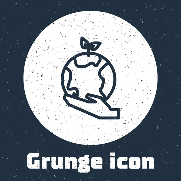 Línea Grunge Manos humanas sosteniendo el icono del globo terráqueo aisladas sobre fondo gris. Guarde el concepto de tierra. Dibujo vintage monocromo. Ilustración vectorial — Vector de stock