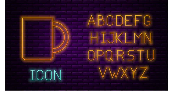 Glowing neon line Coffee cup icon isolated on brick wall background. Tea cup. Hot drink coffee. Neon light alphabet. Vector Illustration — Stock Vector