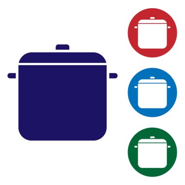 Beyaz arka planda mavi tencere simgesi izole edildi. Haşlama ya da güveç besin sembolü. Renk simgelerini daire düğmelerine ayır. Vektör İllüstrasyonu