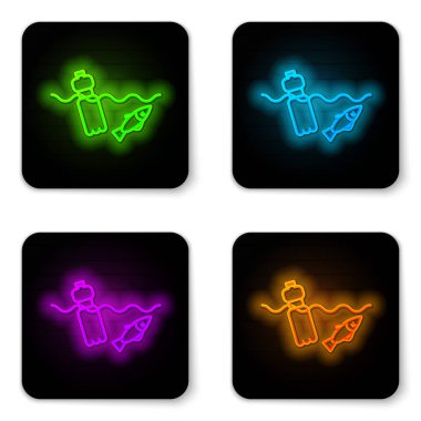 Parlayan neon hattı beyaz arka planda izole edilmiş okyanus ikonu kirliliği sorunu. Çöpler, plastikler, denizdeki poşetler. Siyah kare düğme. Vektör İllüstrasyonu