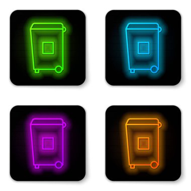 Parlayan neon hattı Çöp kutusu simgesi beyaz arkaplanda izole edildi. Çöp kutusu tabelası. Sepet simgesini geri dönüştür. Ofis çöpü ikonu. Siyah kare düğme. Vektör İllüstrasyonu