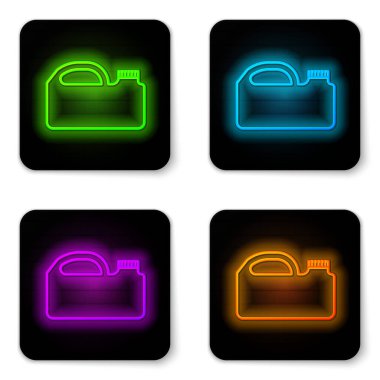 Beyaz arka planda izole edilmiş motor makine yağı ikonu için parlayan neon hattı plastik kutu. Benzin bidonu. Yağ değiştirme ve onarım servisi. Siyah kare düğme. Vektör İllüstrasyonu