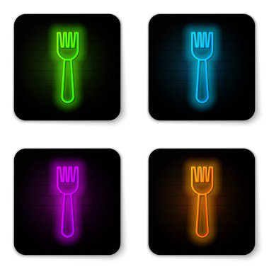 Parlayan neon hattı kullan-at plastik çatal simgesi beyaz arkaplanda izole edildi. Siyah kare düğme. Vektör İllüstrasyonu
