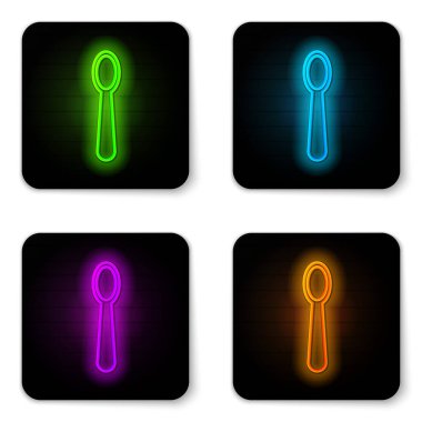 Parlayan neon hattı, beyaz arkaplanda izole edilmiş tek kullanımlık plastik kaşık simgesi. Siyah kare düğme. Vektör İllüstrasyonu