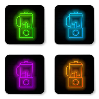 Parlayan neon hattı karıştırıcı simgesi beyaz arkaplanda izole edildi. Mutfak elektrikli kırıcı ve kase. Meyve suyu, kokteyl ya da meyve suyu. Siyah kare düğme. Vektör İllüstrasyonu