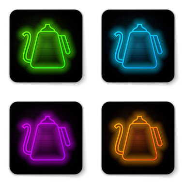 Beyaz arkaplanda izole edilmiş kabza simgesi olan parlak neon çizgisi Kettle. Çaydanlık ikonu. Siyah kare düğme. Vektör İllüstrasyonu