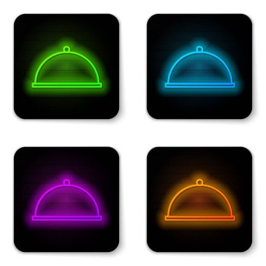 Beyaz arka planda izole edilmiş bir tepsi yiyecek ikonu ile kaplı parlayan neon hattı. Tepsi ve kapak. Kapaklı bir restoran saati. Mutfak eşyaları sembolü. Siyah kare düğme. Vektör İllüstrasyonu