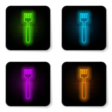 Parlayan neon çizgisi Fork simgesi beyaz arkaplanda izole edildi. Çatal bıçak sembolü. Siyah kare düğme. Vektör İllüstrasyonu