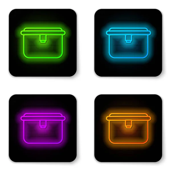 Brillante línea de neón Lunch box icono aislado sobre fondo blanco. Botón cuadrado negro. Ilustración vectorial — Vector de stock