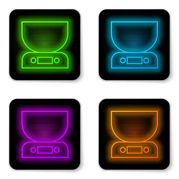 Ragyogó neon vonal Elektronikus mérlegek ikon elszigetelt fehér háttér. Súlymérő berendezés. Fekete négyzet gomb. Vektorillusztráció — Stock Vector
