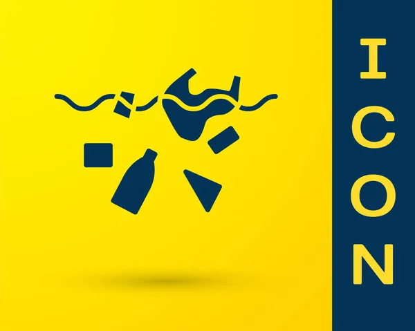 Azul O problema da poluição do ícone do oceano isolado no fundo amarelo. O lixo, plástico, sacos no mar. Ilustração vetorial — Vetor de Stock