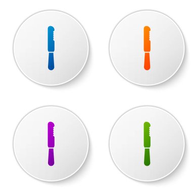 Tek kullanımlık renkli plastik bıçak ikonu beyaz arkaplanda izole edilmiş. Simgeleri daire düğmelerine ayır. Vektör İllüstrasyonu