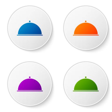 Color Covered with a tray of food icon isolated on white background. Tray and lid. Restaurant cloche with lid. Kitchenware symbol. Set icons in circle buttons. Vector Illustration