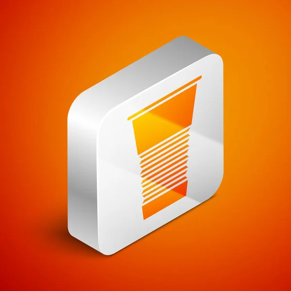 Isometriskt papper glas ikon isolerad på orange bakgrund. Dricksglas. Färsk kall dryck symbol. Silverfyrkantig knapp. Vektor Illustration — Stock vektor
