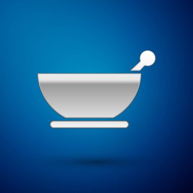 Mavi arka planda gümüş havan ve tokmak ikonu izole edildi. Vektör İllüstrasyonu