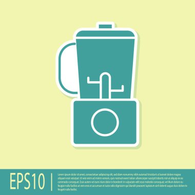 Sarı arkaplanda yeşil blender simgesi izole edildi. Mutfak elektrikli kırıcı ve kase. Meyve suyu, kokteyl ya da meyve suyu. Vektör İllüstrasyonu