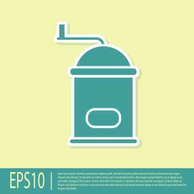 Sarı arkaplanda yeşil manuel kahve öğütücü simgesi var. Vektör İllüstrasyonu