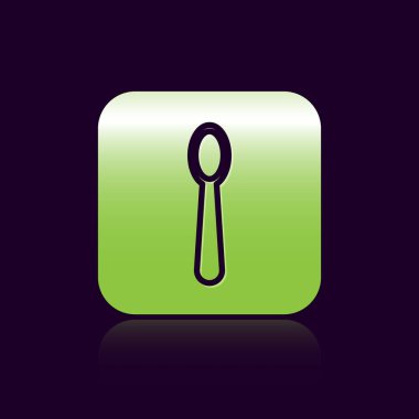 Siyah çizgi tek kullanımlık plastik kaşık simgesi siyah arkaplanda izole edilmiş. Yeşil kare düğmesi. Vektör İllüstrasyonu