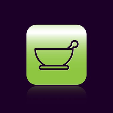 Siyah çizgi havan ve tokmak simgesi siyah arkaplanda izole edildi. Yeşil kare düğmesi. Vektör İllüstrasyonu