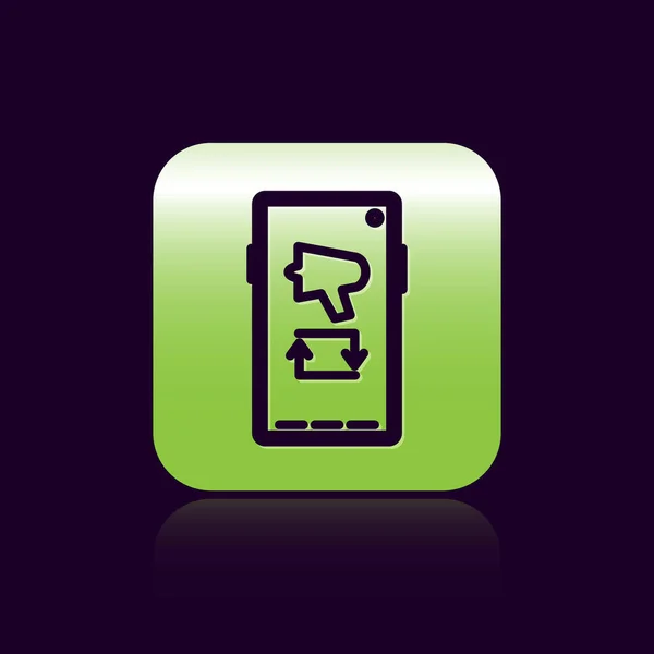 Black line Spread the word, megaphone on mobile phone icon isolated on black background. Green square button. Vector Illustration — 图库矢量图片