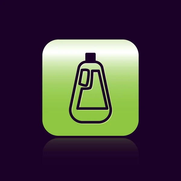 Black Line Plastikflasche für flüssiges Waschmittel, Bleichmittel, Spülmittel Symbol isoliert auf schwarzem Hintergrund. grüne quadratische Taste. Vektorillustration — Stockvektor