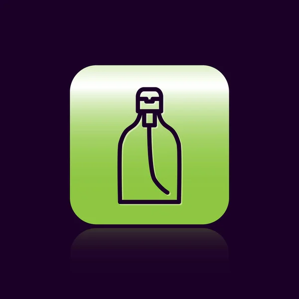 Zwarte lijn Fles vloeibare antibacteriële zeep met dispenser pictogram geïsoleerd op zwarte achtergrond. Desinfectie, hygiëne, huidverzorging. Groene vierkante knop. Vector Illustratie — Stockvector