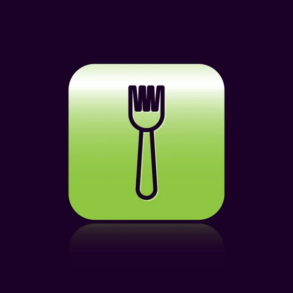 Black line Disposable plastic fork icon isolated on black background. Green square button. Vector Illustration — Stock Vector