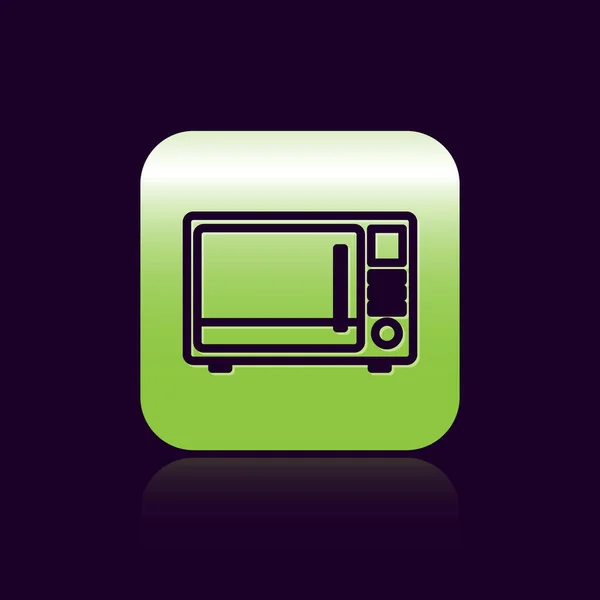Black line Microwave oven icon isolated on black background. Home appliances icon. Green square button. Vector Illustration — Stock Vector