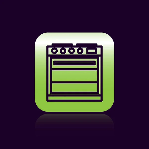 Black line Oven icon isolated on black background. Stove gas oven sign. Green square button. Vector Illustration — Stock Vector