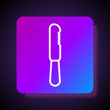 Siyah arka planda tek kullanımlık beyaz çizgi plastik bıçak ikonu var. Kare renk düğmesi. Vektör İllüstrasyonu