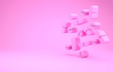 Pembe ilaç hapı ya da pembe arka planda izole edilmiş tablet ikonu. Kapsül hapı ve uyuşturucu işareti. Eczane tasarımı. Minimalizm kavramı. 3d illüstrasyon 3d canlandırma