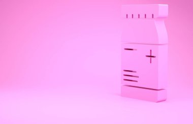 Pembe ilaç şişesi ve pembe arka planda izole edilmiş hap ikonu. Şişe hapı işareti. Eczane tasarımı. Minimalizm kavramı. 3d illüstrasyon 3d canlandırma