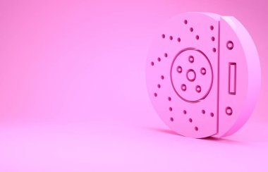 Pembe arka planda izole edilmiş kalibre ikonu olan pembe araba fren diski. Minimalizm kavramı. 3d illüstrasyon 3B canlandırma