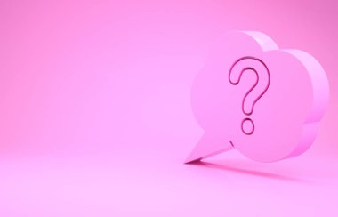 Pembe konuşma balonu ve Soru simgesi pembe arka planda izole edildi. SSS işareti. Dosyaları kopyala, konuşma balonu ve grafiğini çıkar. Minimalizm kavramı. 3d illüstrasyon 3B canlandırma