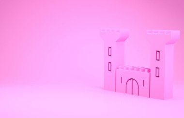 Pembe Şato ikonu pembe arka planda izole edilmiş. Kale işareti. Minimalizm kavramı. 3d illüstrasyon 3B canlandırma