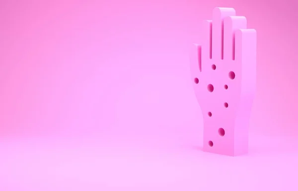 Rózsaszín kéz pikkelysömör vagy ekcéma ikon elszigetelt rózsaszín alapon. Fogalom az emberi bőr válasz allergén vagy krónikus test probléma. Minimalizmus koncepció. 3d illusztráció 3D render — Stock Fotó