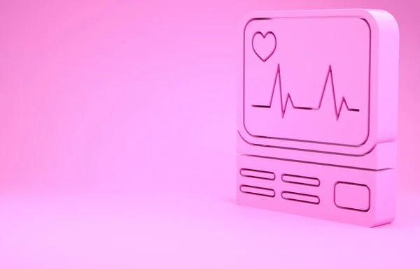 粉色电脑显示器与心电图图标隔离在粉红色背景. 监控图标。 用心脏跳动手绘的电脉冲监测器. 最低纲领的概念。 3d说明3d — 图库照片